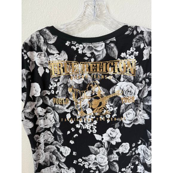 True Religion Dark Floral Foil Classic Rounded V-Neck Tee Size XL - Picture 5 of 6